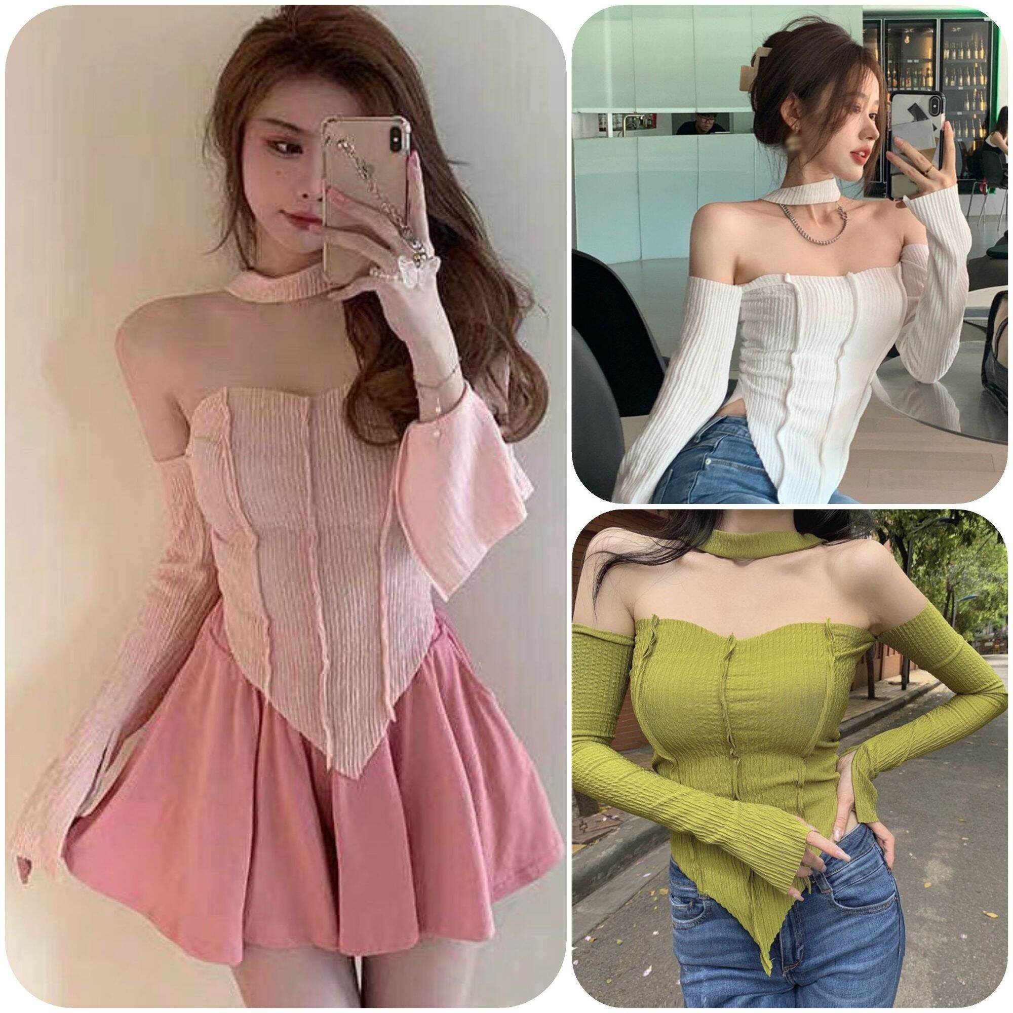 Áo Kiểu Choker Trễ Vai Tay Dài Xẻ Tà Phong Cách HONG KONG Đẹp BE1 / Áo Choker Xẻ Tà Tay Dài