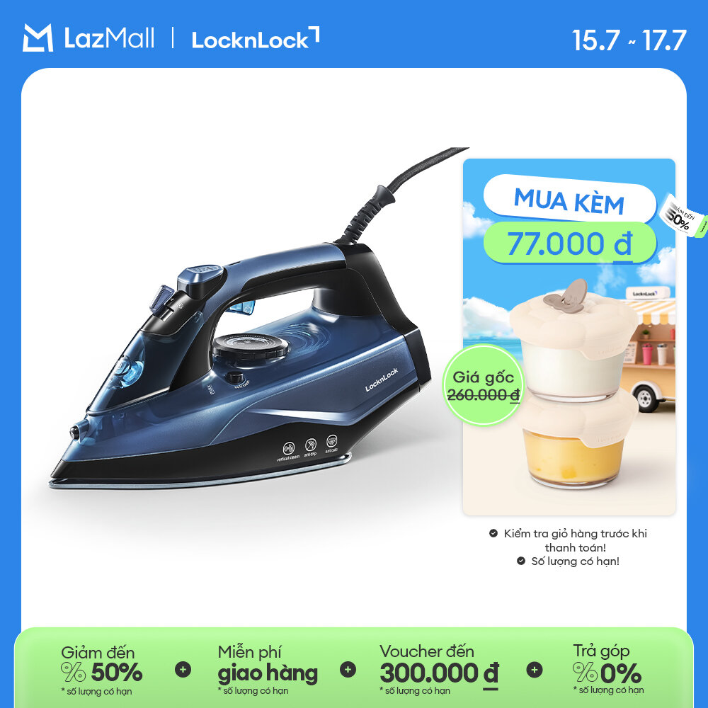 Bàn ủi hơi nước LocknLock ENI362BLU 2000-2400W, 340ml - màu xanh dương - Tăng cường phun hơi đáy  phun tia, có chế độ tự làm sạch