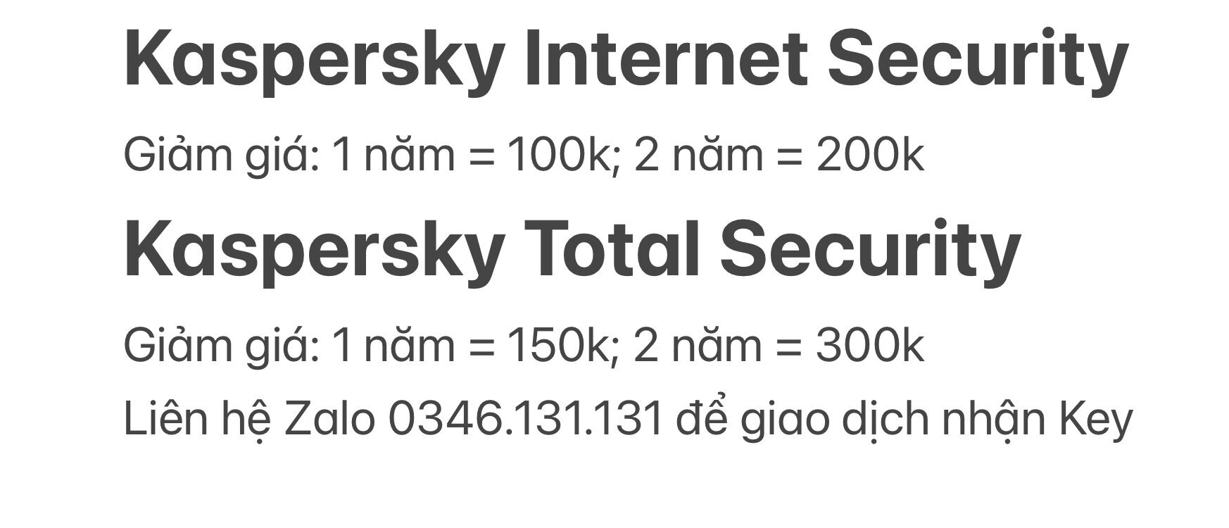 Bảng giá Key Kaspersky Internet/ inbox trước khi đặt hàng Phong Vũ