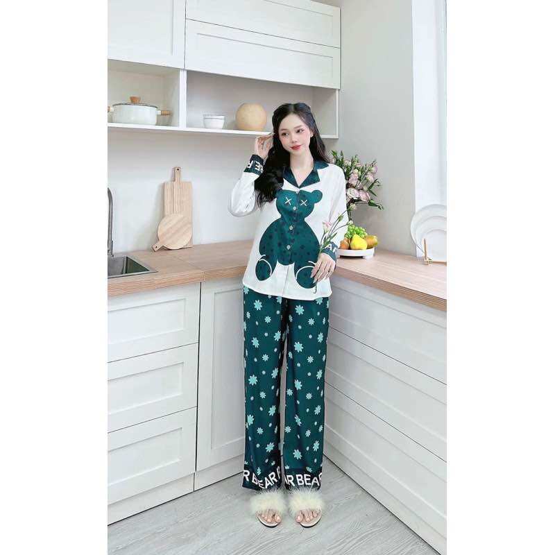 Bộ Gấu Xanh Lụa Xước Ánh Kim