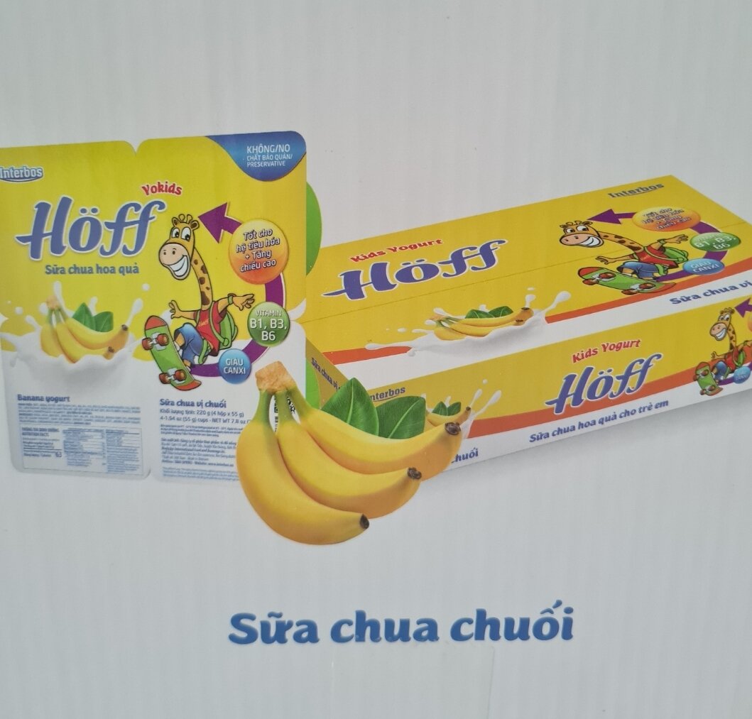 Sữa chua trẻ em Hoff,4 vị nguyên bản,chuối,dâu,táo,vỉ 4 hộp,hộp 55gr