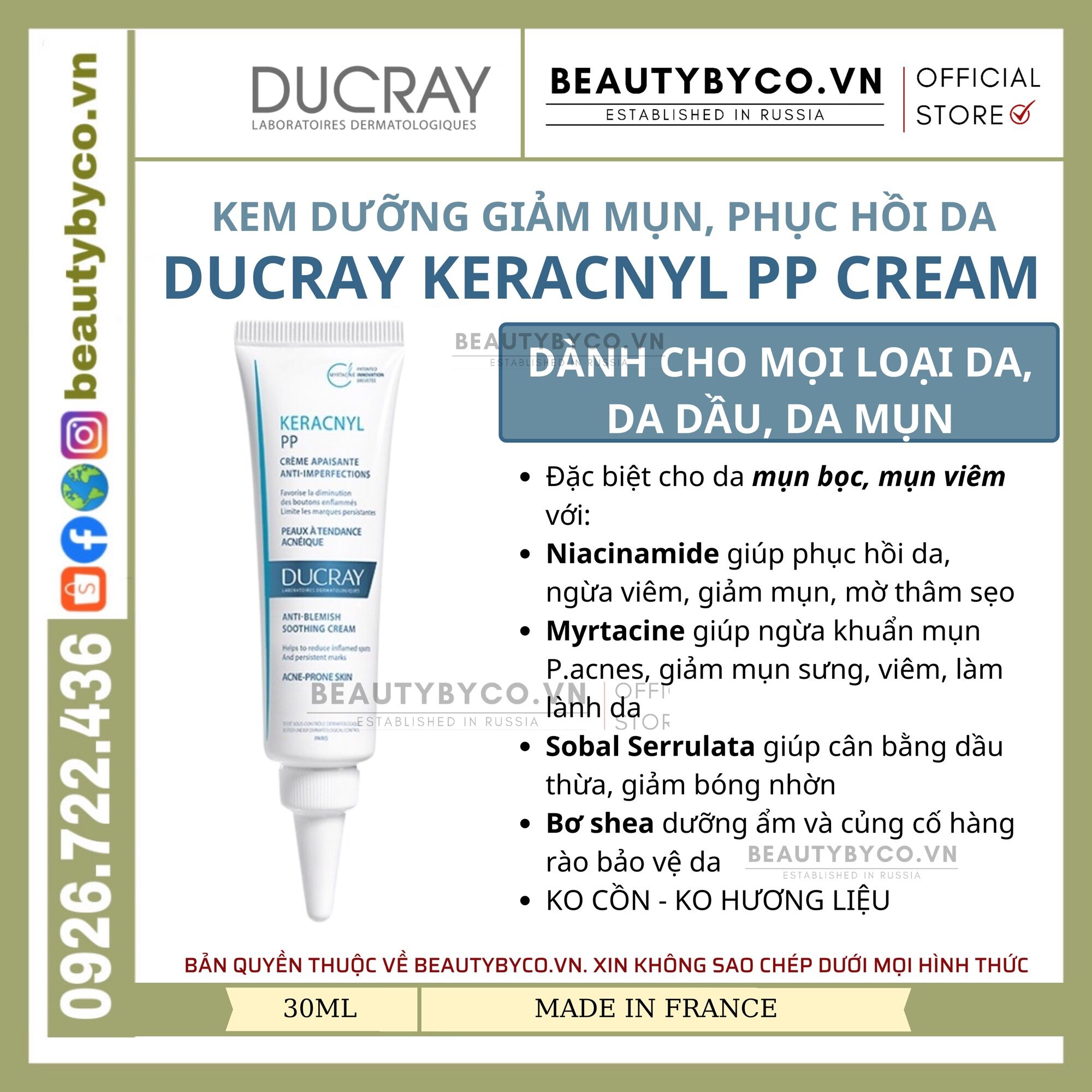 Kem dưỡng Ducray Keracnyl PP Cream 30ML - Beautybyco