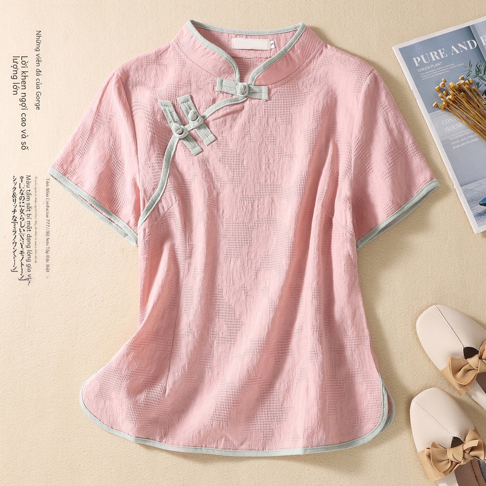 Áo Sơ Mi Vải Lanh Cotton Mùa Hè Cổ Đứng Tay Ngắn Phong Cách Trung Hoa Cổ Truyền Cài Nút Nghệ Thuật Trà Phục Hồi Hanfu