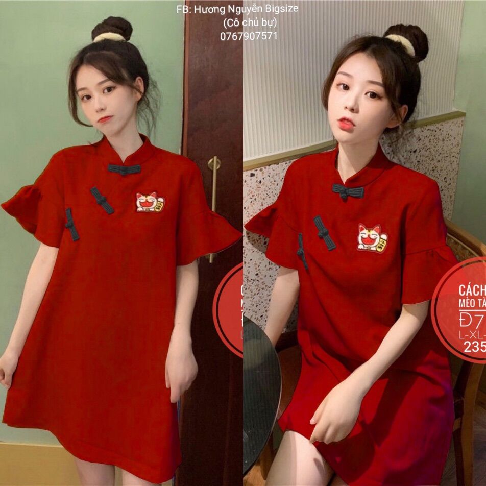 55-90kg bigsize đầm tết cách tân suông mèo thần tài