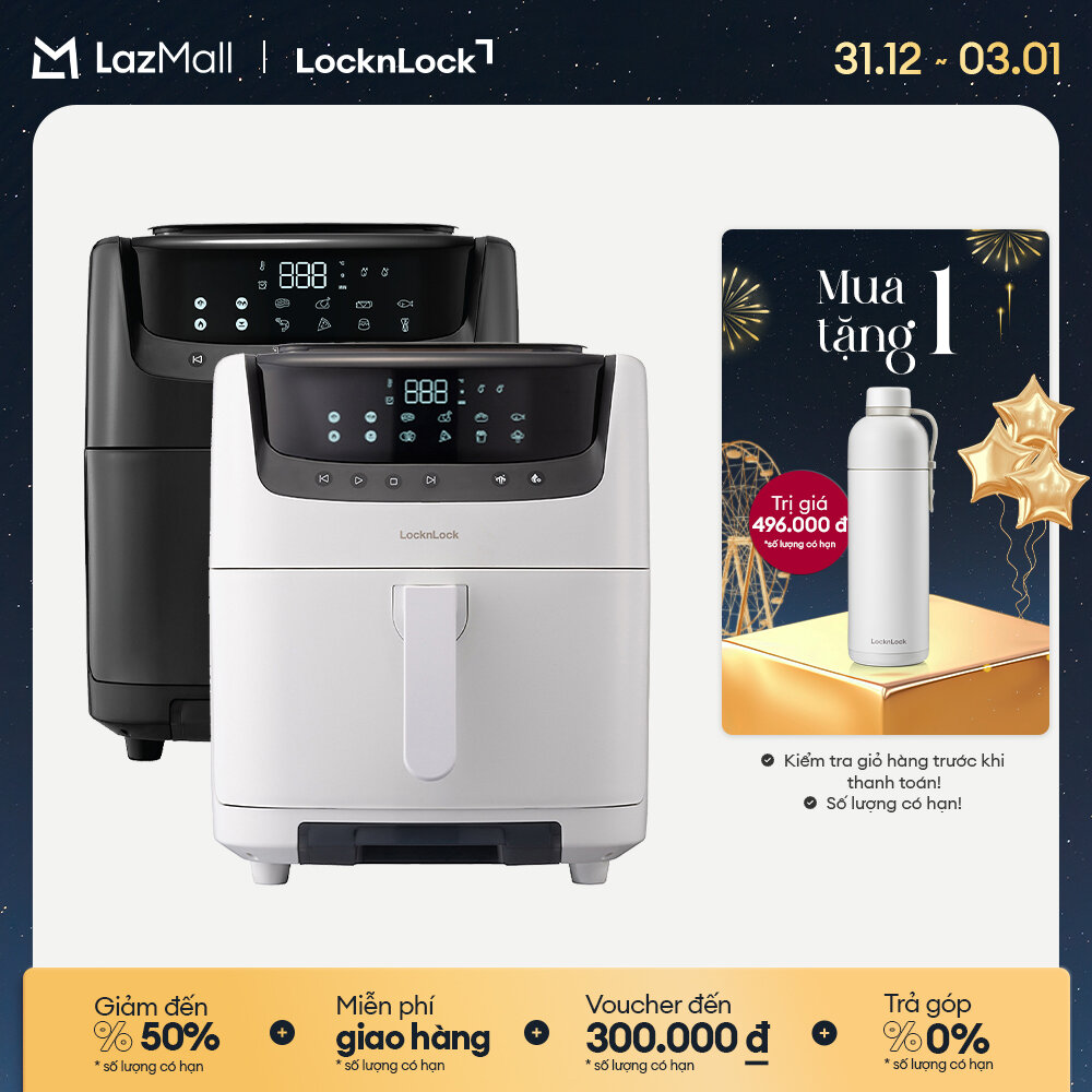  Trả góp 0% - Nồi chiên không dầu kèm hấp 2in1 Lock&Lock 7L EJF881 - Màu Đen Trắng - 8 chế độ nấu Làm sạch hơi nước Bảo hành 2 năm 