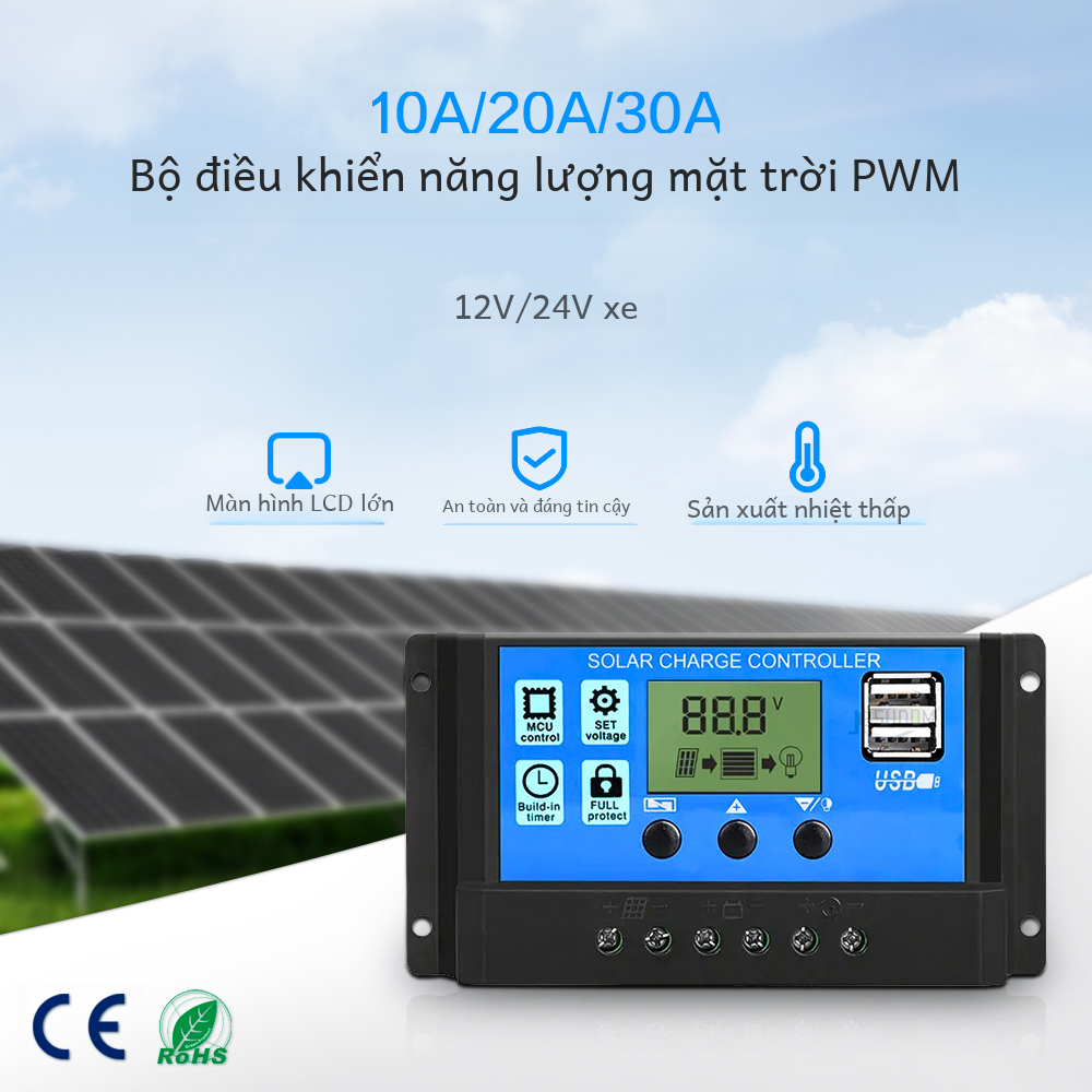 12v 24v 30a 40a 60a Lcd Pwm Bộ điều khiển năng lượng mặt trời Pin Pv Cell Panel Bộ điều chỉnh sạc Đèn 100w 200w 300w 400w 500w Rohs được chứng nhận cho hệ thống năng lượng mặt trời và bộ sưu tập