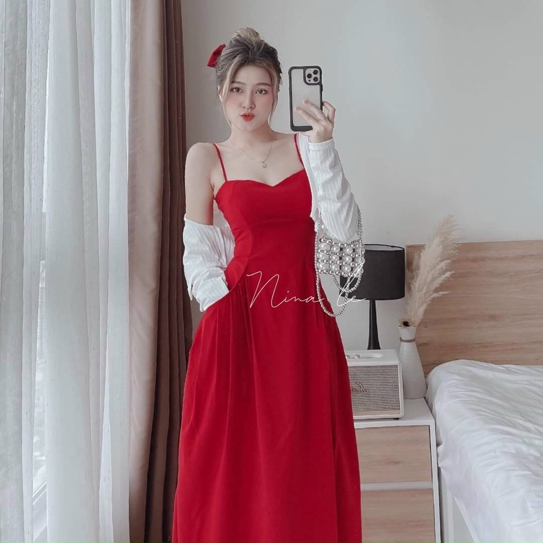 Đầm Nữ Dáng Dài maxi 2 dây kèm áo khoác có mút ngực màu y hình