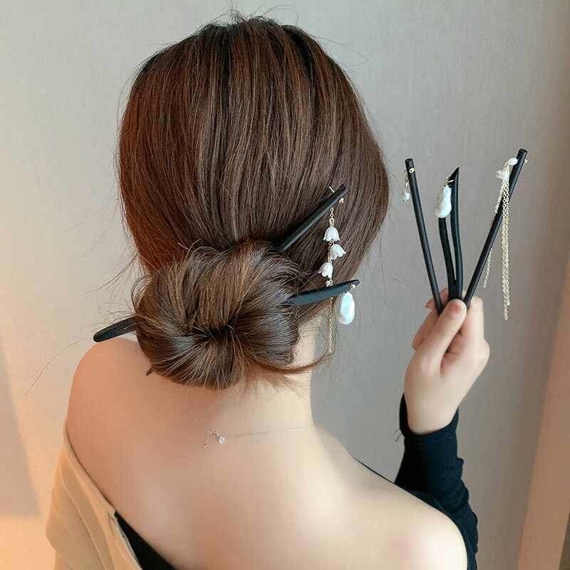 Trâm cài tóc tua rua phong cách cổ xưa hán phục cao cấp bằng gỗ màu đen trâm cài tóc búi tròn trâm gỗ đàn hương khí chất đơn giản nữ sinh