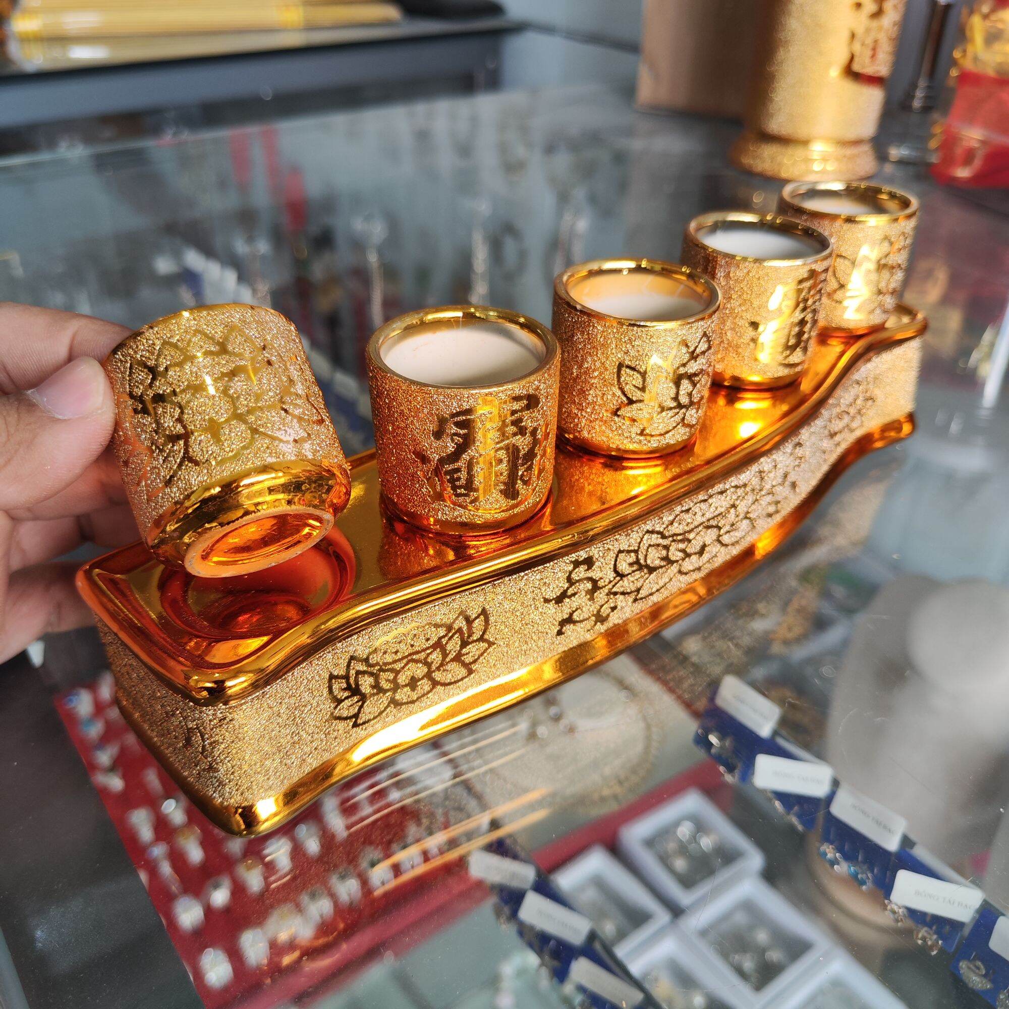 Bộ Áng 5 Ly Nước Thờ Cúng Kim Sa Vàng