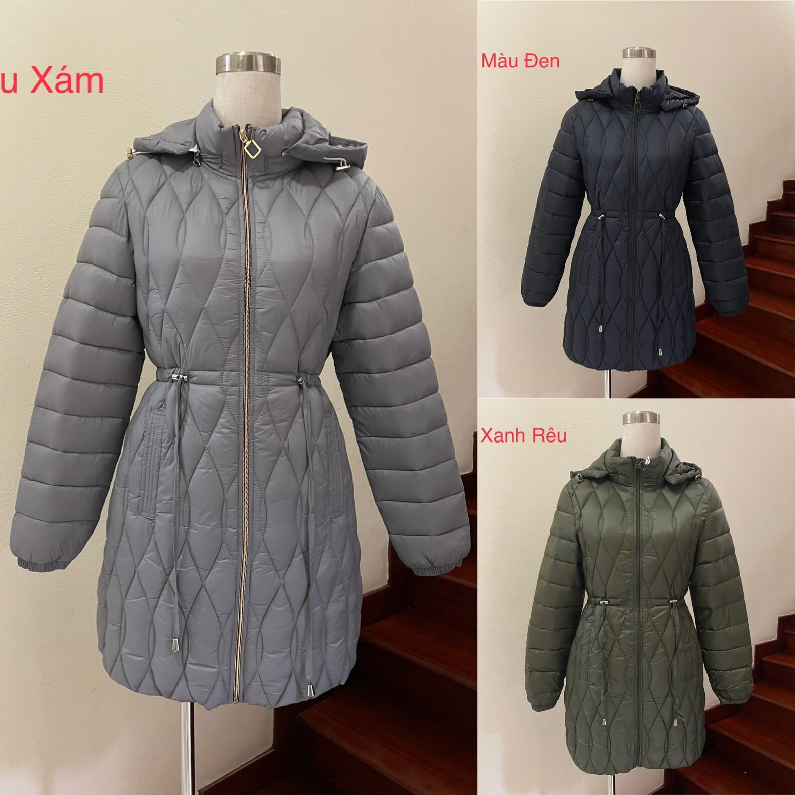 Áo khoác phao nữ trần trám dây eo
