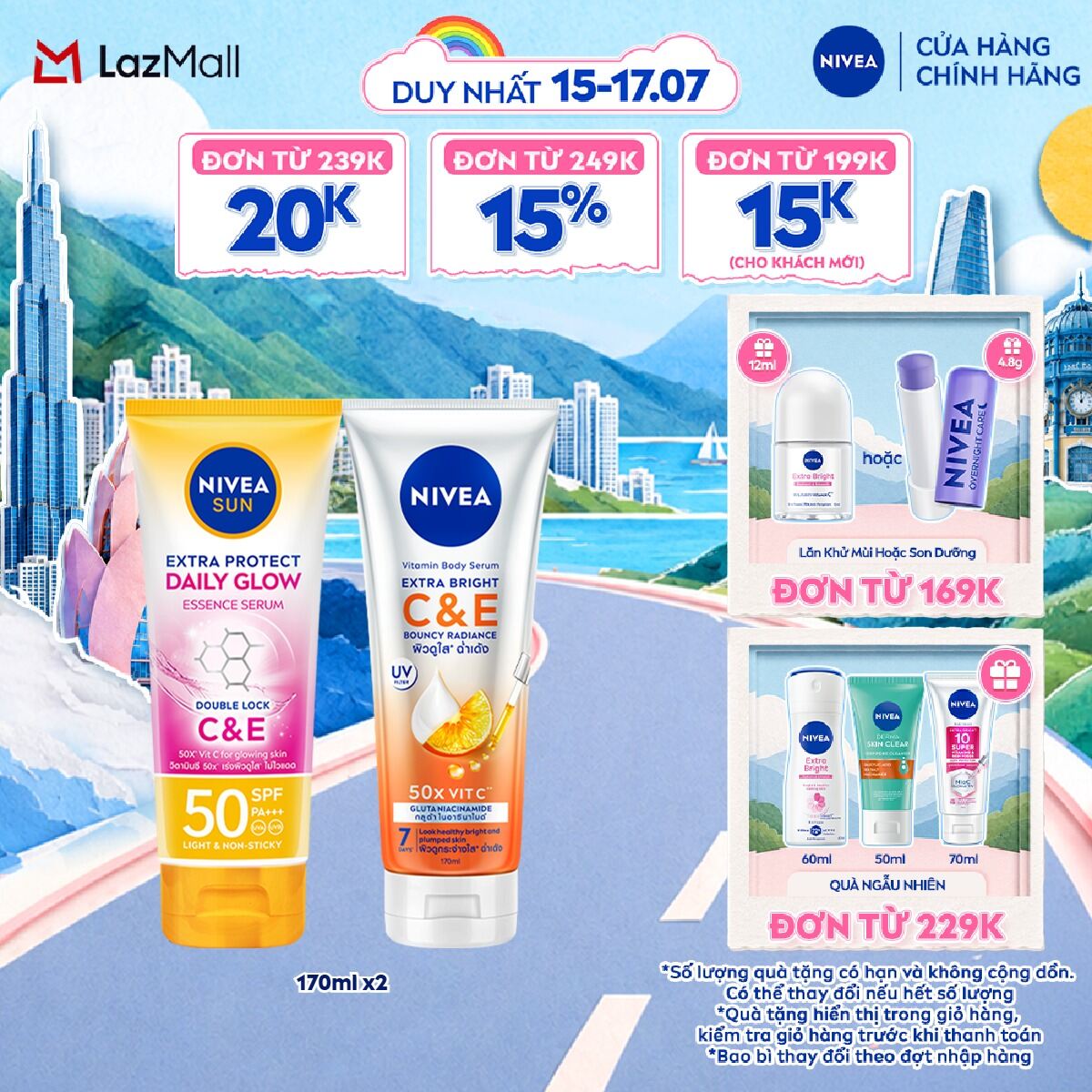 Bộ 2 Sữa Dưỡng Thể NIVEA Vitamin Dưỡng Sáng Da (170 ml) + Serum Chống Nắng  Dưỡng Thể Toàn Thân NIVEA Sáng Mịn Đều Màu SPF50, PA+++