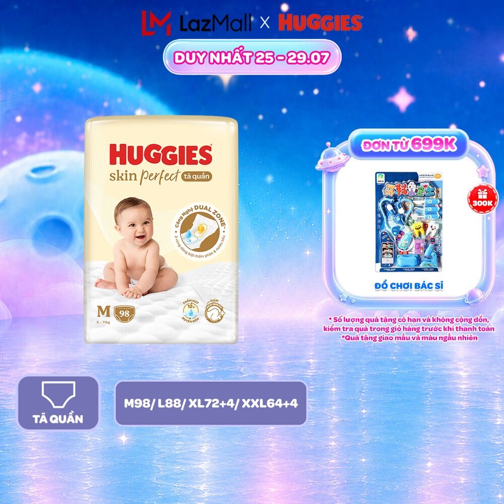 Tã quần Huggies Skin Perfect Mega Jumbo M98/L88/XL72+4/XXL64+4 miếng với 2 vùng thấm giảm kích ứng da