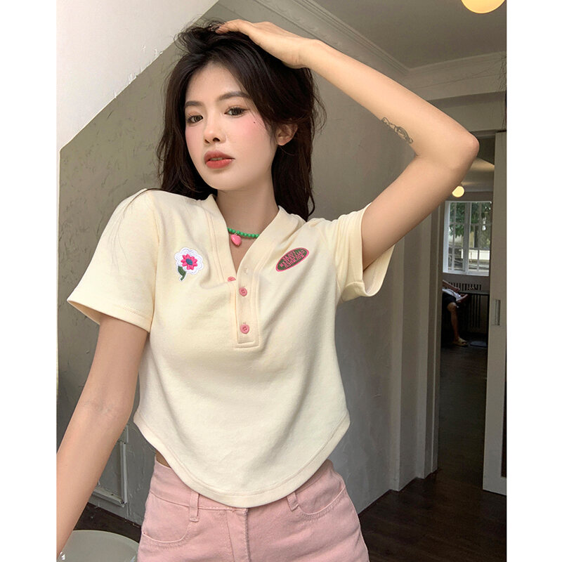 Áo Phông Cộc Tay Cổ Chữ V Trang Phục Nữ Vừa A Vừa Sa Tôn Dáng Gầy Mùa Hè Cho Nữ Áo Mẫu Ngắn Tuyệt Đẹp Độc Đáo Instagram Sành Điệu
