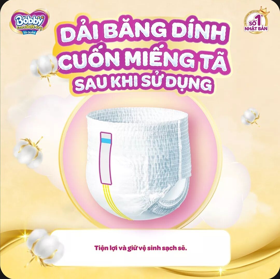 Tã quần Bobby Extra soft cao cấp L52+2 Thun chân ngăn hằn