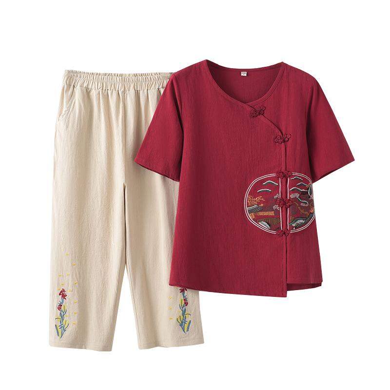 Bộ Đồ Hai Mảnh Vải Lanh Cotton Mùa Hè Cho Phụ Nữ Trung Niên Và Cao Tuổi Thời Trang Phong Cách Dân Tộc Tay Ngắn Quần Dài