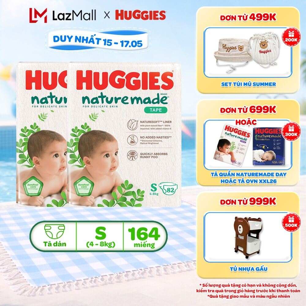 Combo 2 Tã/Bỉm dán sơ sinh Huggies NatureMade S82 (4-8kg)-Gói Super Jumbo 82 miếng