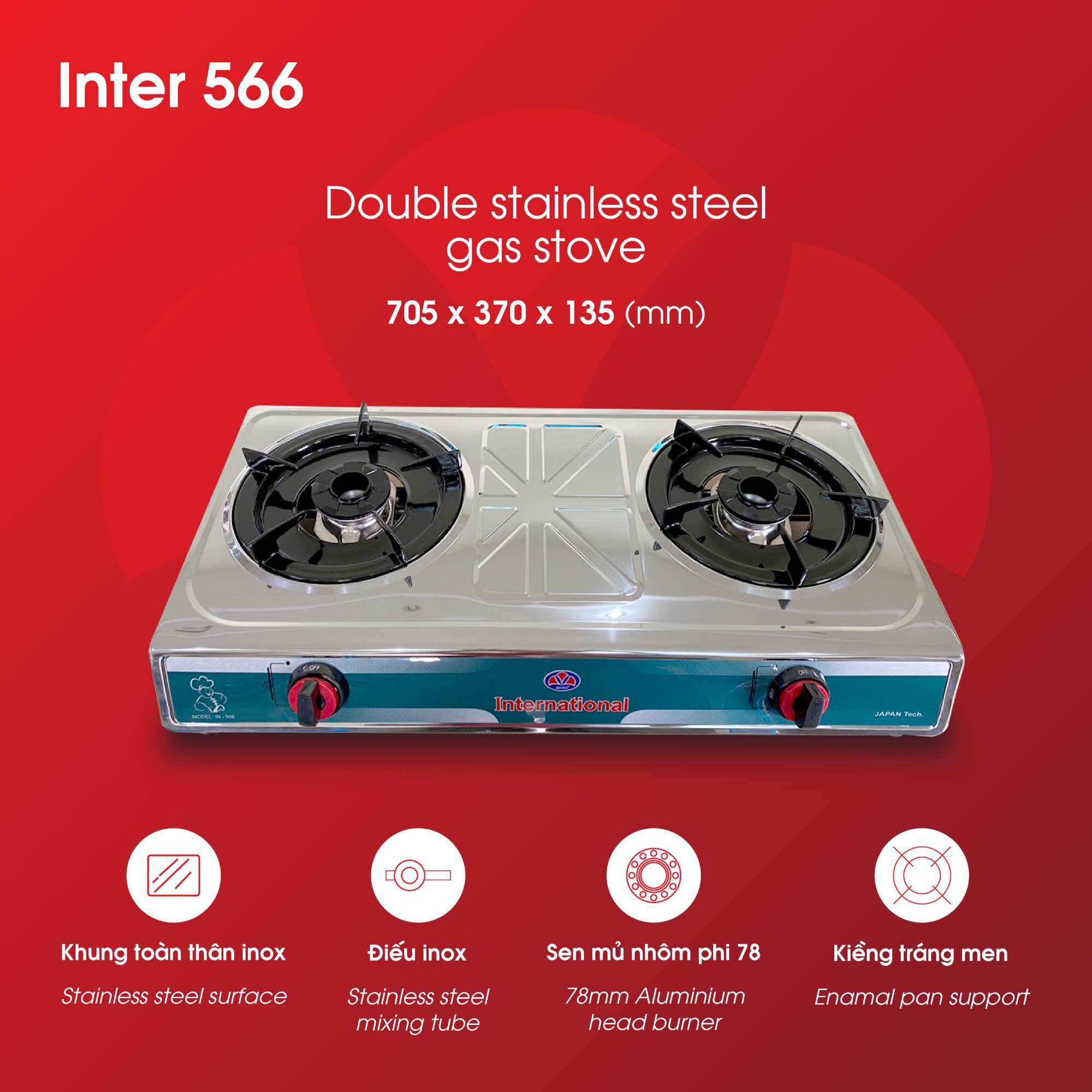 Bếp Gas Đôi Mặt Inox Cao Cấp Giá Rẻ INTER IV566 - Tiết kiệm gas Bảo hành 2 năm miễn phí