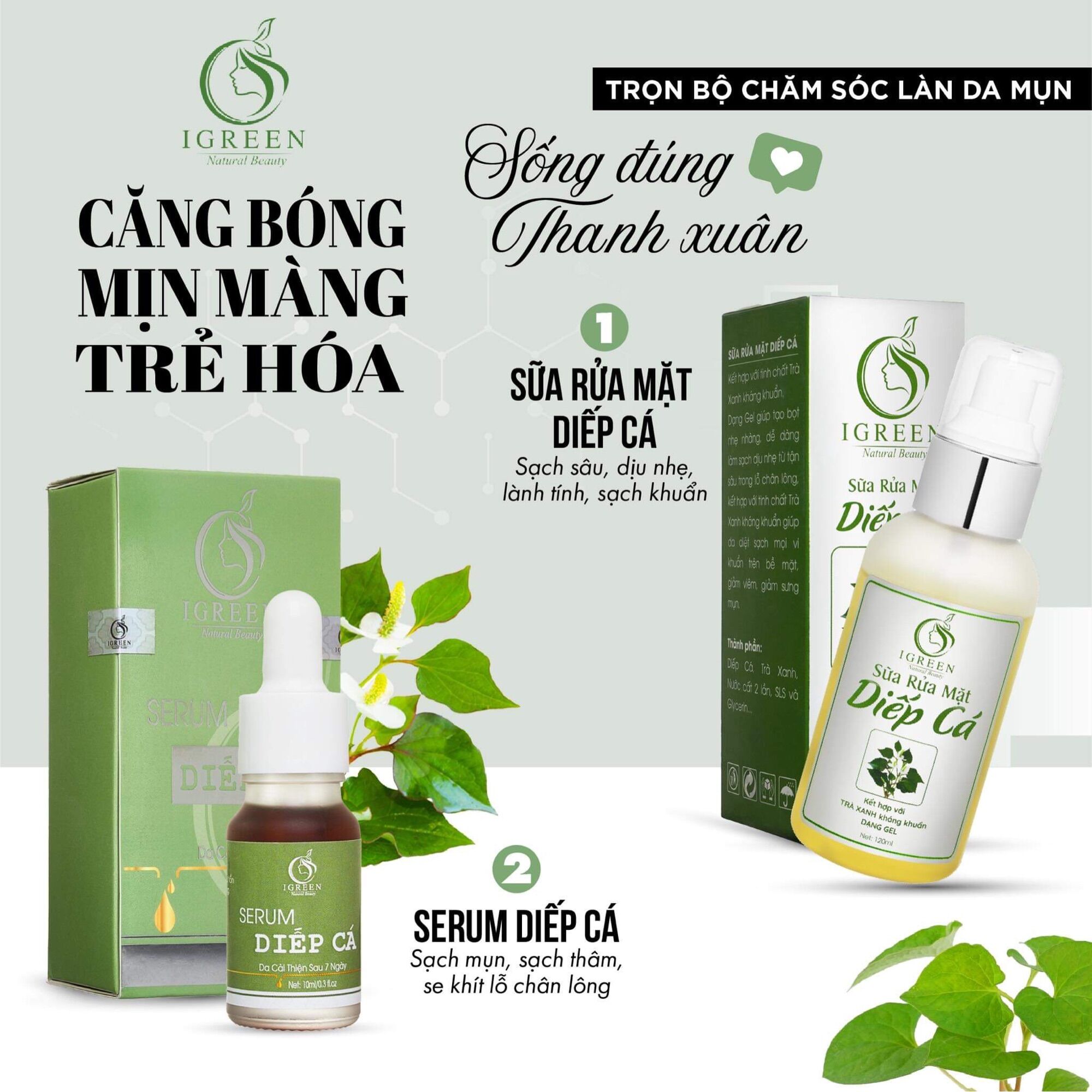Combo hoàn hảo cho làn da mụn - diệt mụn tận gốc- combo diếp cá igreen