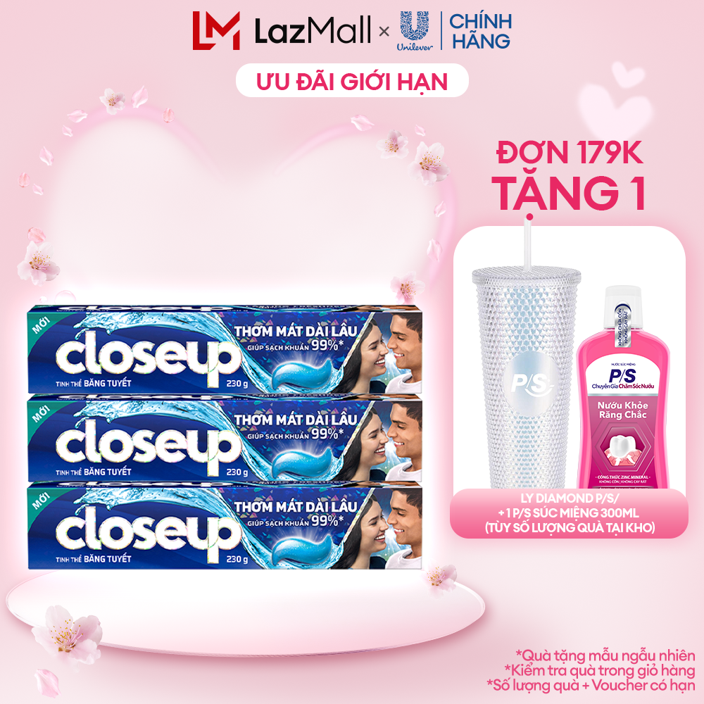 Combo 3 Kem Đánh Răng Closeup Gel Sạch Khuẩn Tinh Thể Băng Tuyết Cho Hơi Thở Thơm Mát Bất Tận 230G/T