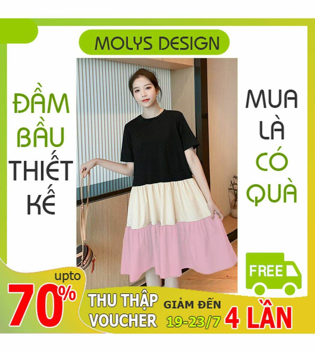 Đầm bầu dễ thương chất cotton dáng suông 3 tầng freesize từ 45 đến 70kg VM6637