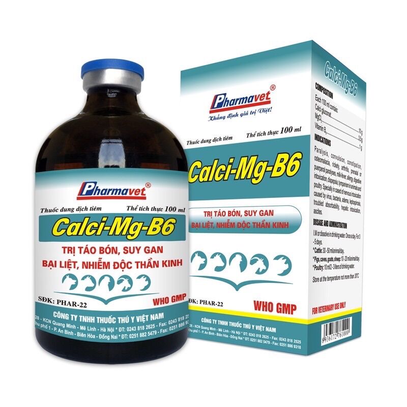 1 lọ calci-mg-b6 50ml dùng cho táo bón, suy gan bại liệt trên trâu bò lợn gà