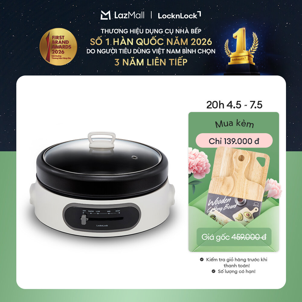 EJP544WHT - Nồi lẩu điện đa năng LockLock 2 trong 1(Nướng/Lẩu) - Chảo 26cm  Nồi 4L, Tháo rời, chống dính, nóng đều - Hàng chính hãng