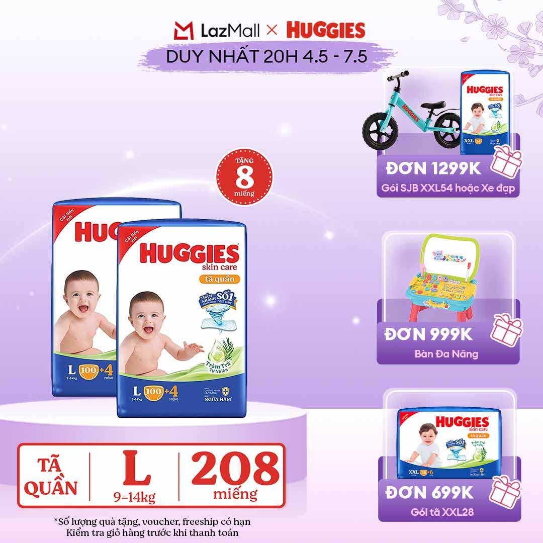 [CHỈ 20h 04-07.05 GIẢM THÊM 90K]  Combo 2 Gói Tã/bỉm quần HUGGIES SKINCARE MEGA JUMBO size L100+4 miếng