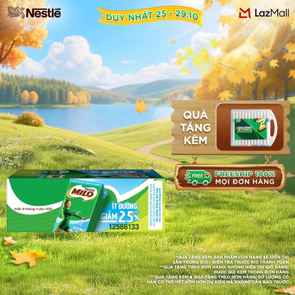[ƯU ĐÃI THÁNG 10] [Giao hàng toàn quốc] Sữa lúa mạch Nestlé® MILO® ít đường thùng 48 hộp x 180ml (12