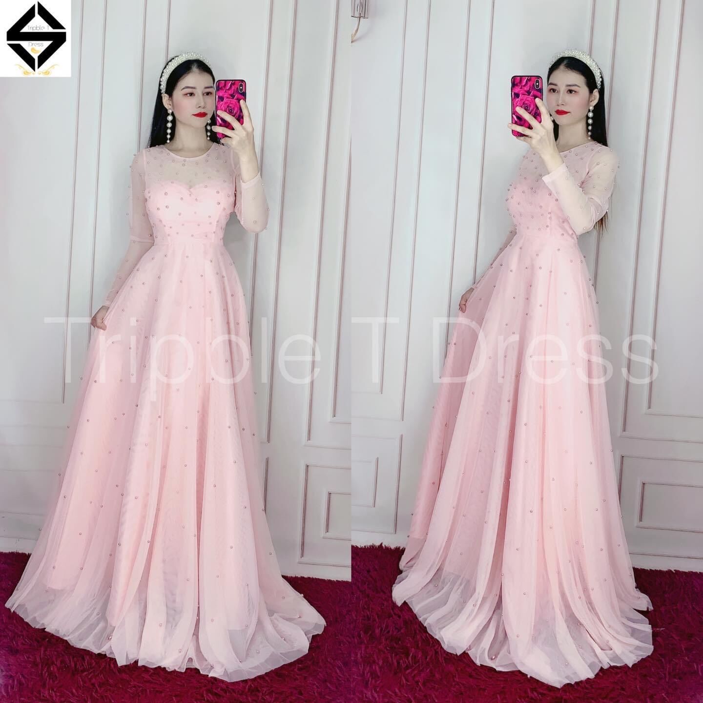 Đầm maxi dạ hội tay dài đính chuỗi ảnh thật