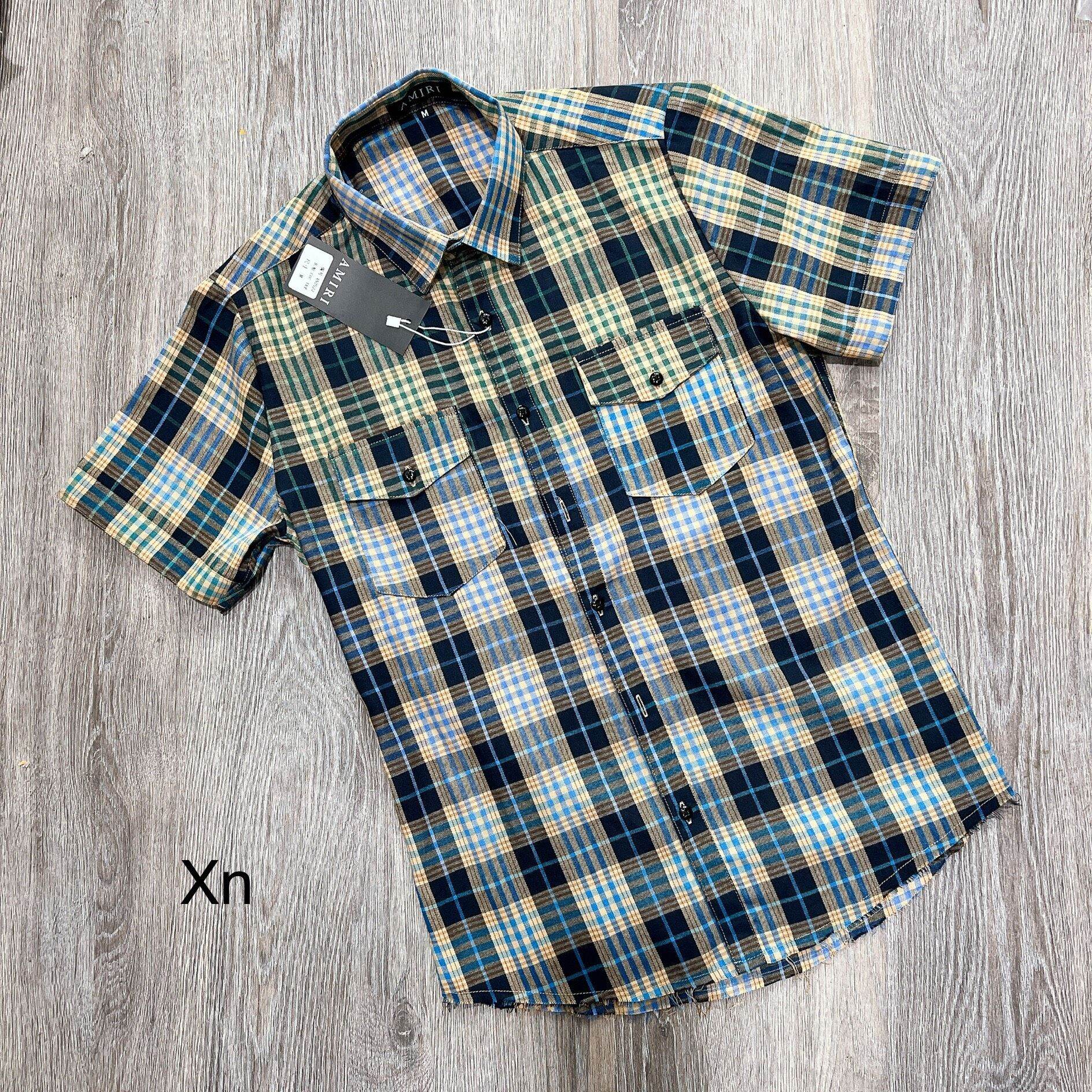 Áo sơ mi bbr loang màu rách gấu nam ngắn tay kẻ sọc caro chất liệu cotton không phai mùa hay xù lông