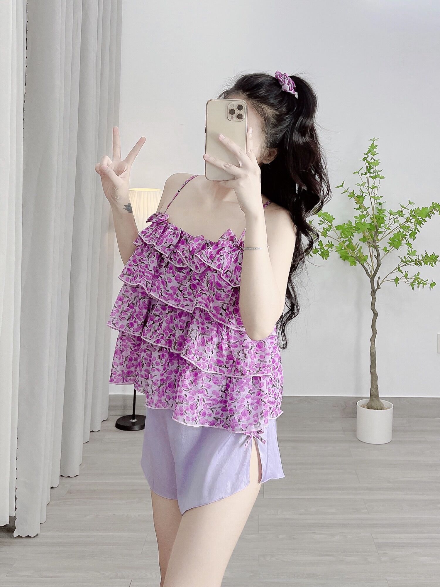 Bộ voan hoa tầng 2 dây tặng kèm cột tóc xinh xắn