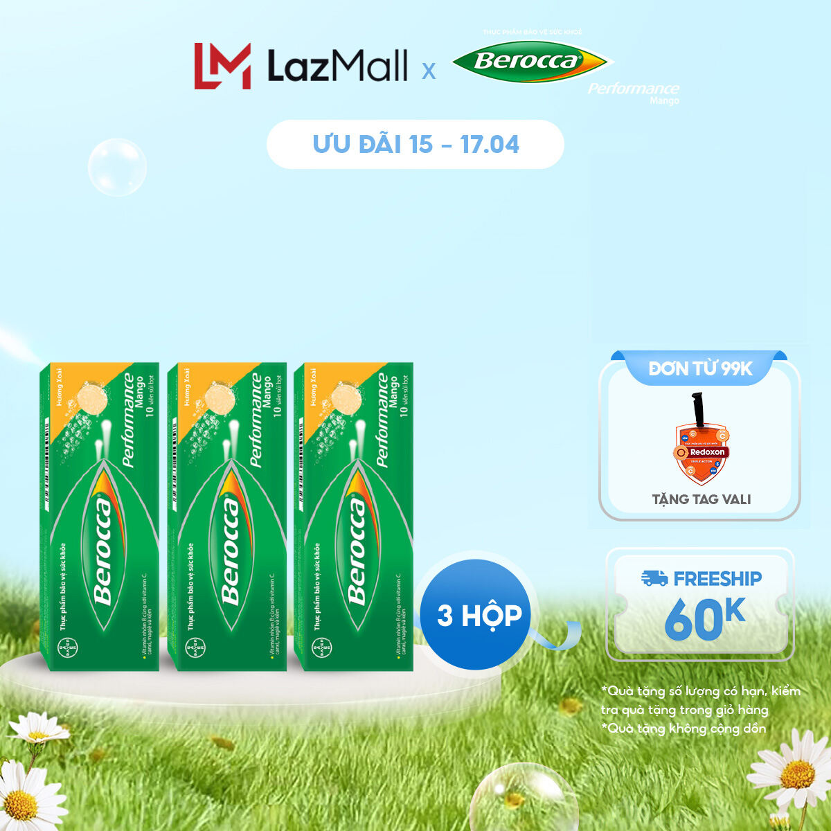 Bộ 3 hộp viên sủi bổ sung Vitamin Berocca Performance Mango 10 Viên/hộp
