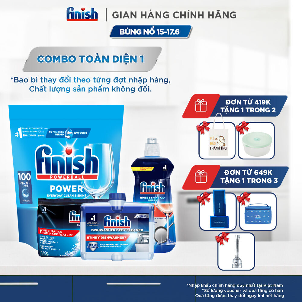 Combo Finish toàn diện 1: Everyday Shine  Clean + Nước Làm Bóng Finish 500ml + Muối Rửa Chén Finish Salt túi 1kg + Dung dịch vệ sinh máy