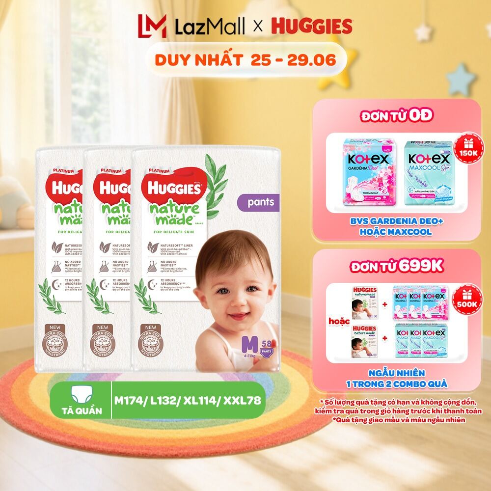 Combo 3 Tã/Bỉm quần Huggies NatureMade Platinum M58/L44/XL38/XXL26/XXXL28