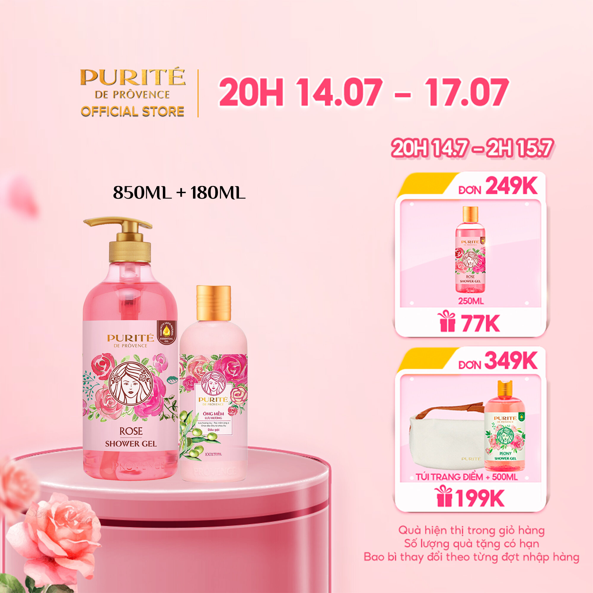 Combo sữa tắm purité sáng mịn hoa hồng 850ml + dầu gội purité óng mềm lưu hương hoa hồng & ôliu 180ml