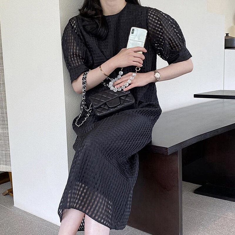 Váy Liền Tay Bồng Quá Đầu Gối Rộng Rãi Họa Tiết Lưới Cổ Tròn Phong Cách Cung Đình Kiểu Pháp Mùa Hè Chic Hàn Quốc Váy Dài Nữ