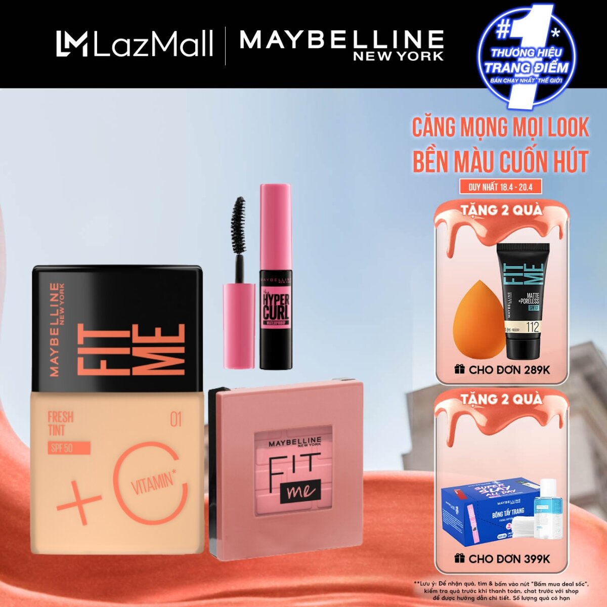 Bộ Nền Tint C Tươi Mướt 30ml và Phấn Má Hồng Chuẩn Màu Fit Me 4.5g kèm Mascara Hyper Curl mini Maybelline New York