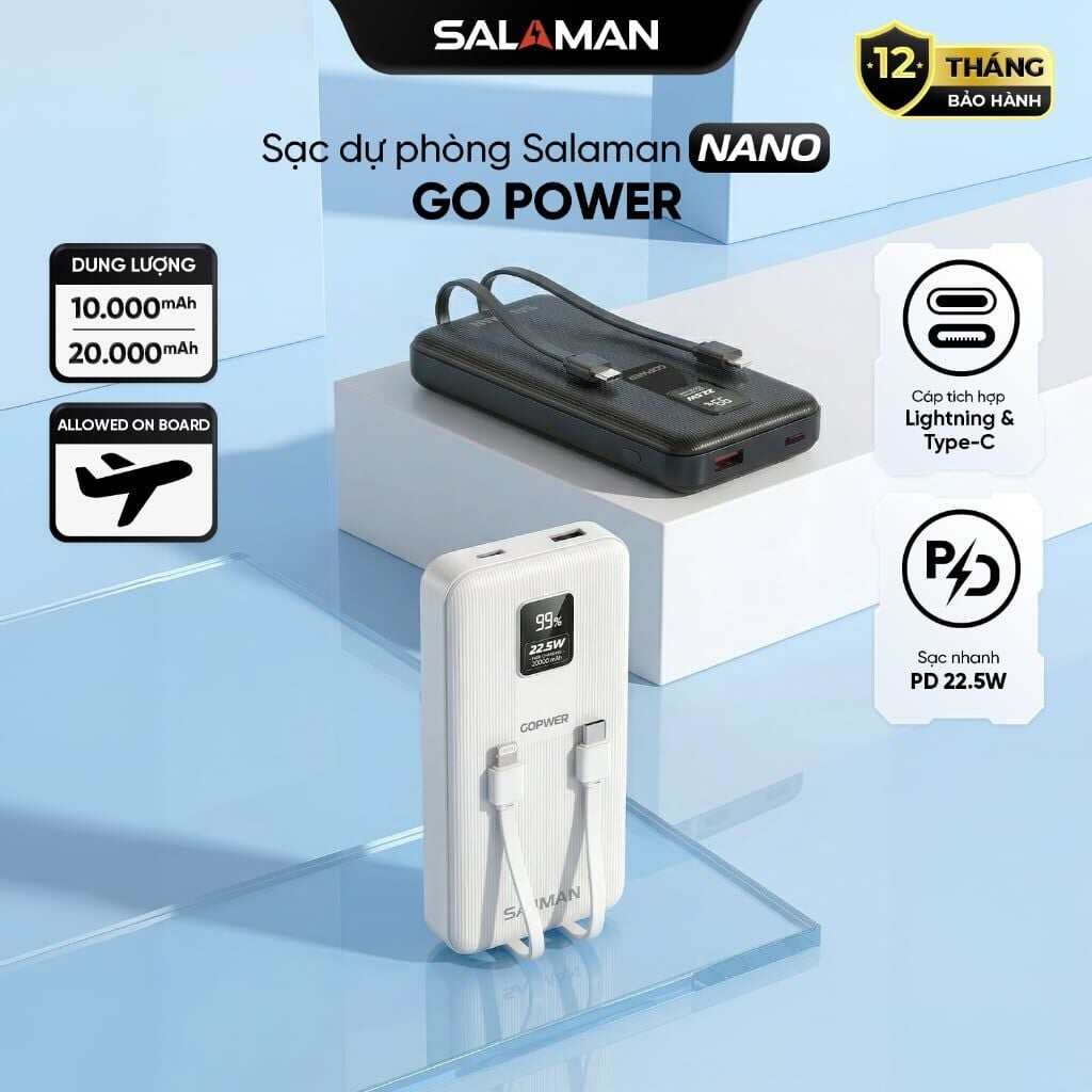 Sạc Dự Phòng SALAMAN GoPower 10000mAh/20000mAh Sạc Nhanh 22.5W, Tích Hợp 2 Cáp Type C & Lightning