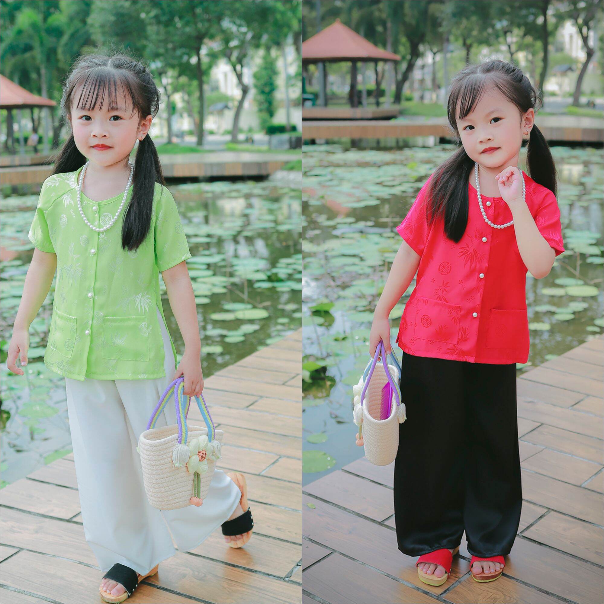 Bộ Bà ba bé gái áo gấm quần lụa mềm mát size 8 - 35ky