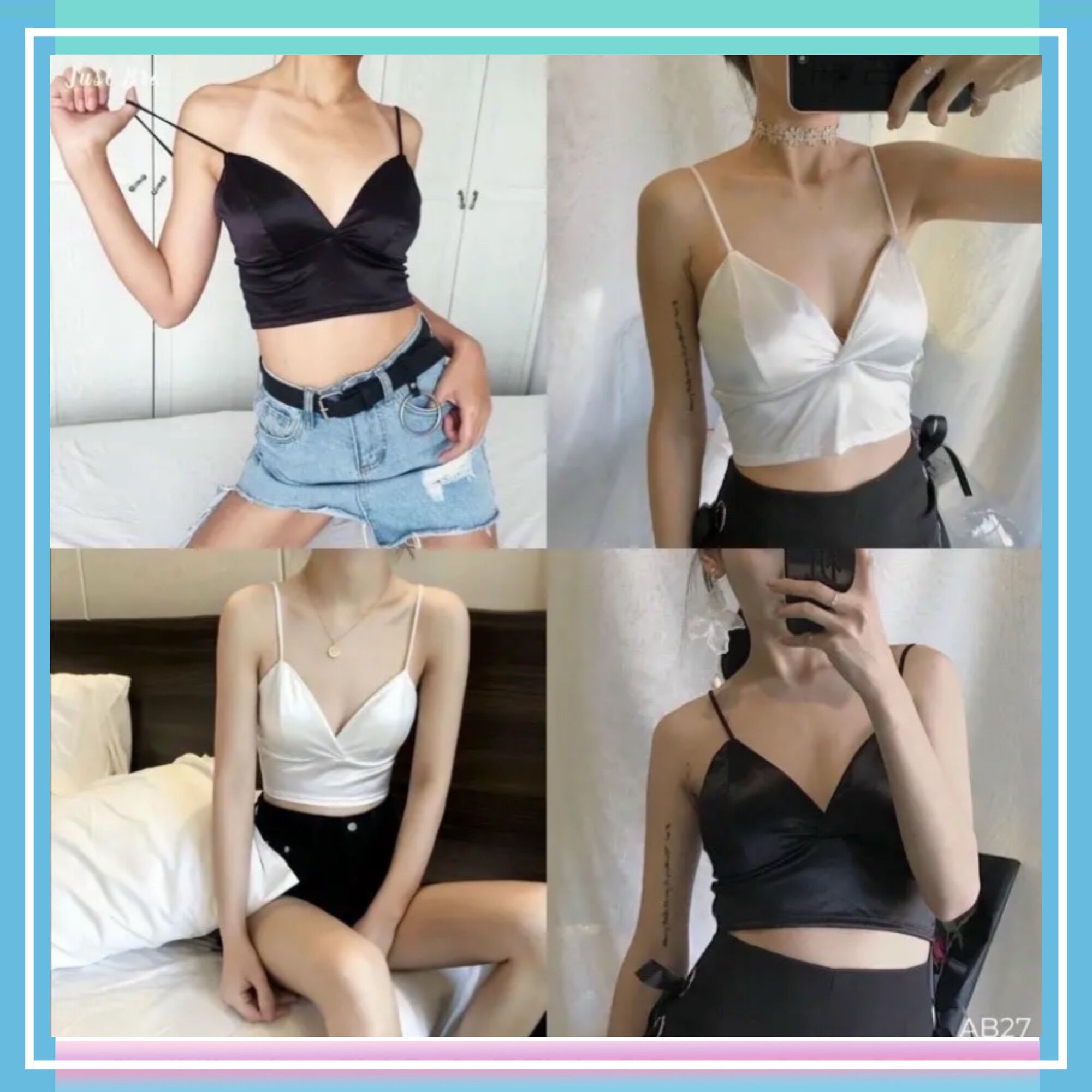 Áo bra lụa bóng 2 dây 264-áo lót ngực bra dáng croptop lụa hothit