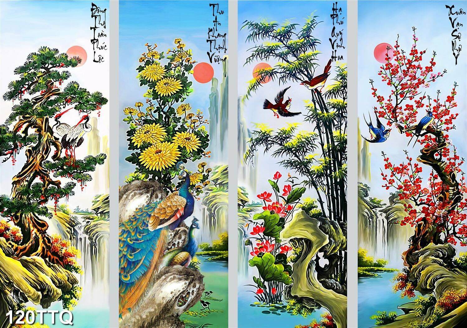 TRANH DÁN TƯỜNG 3D TỨ QUÝ 120TTQ TÙNG CÚC TRÚC MAI XUÂN HẠ THU ĐÔNG