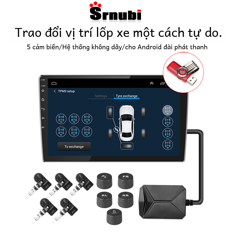 USB Android Tpms Hệ thống báo động giám sát áp suất lốp 5 Cảm biến bên ngoài/bên trong không dây Vật liệu tổng hợp để đảm bảo an ninh