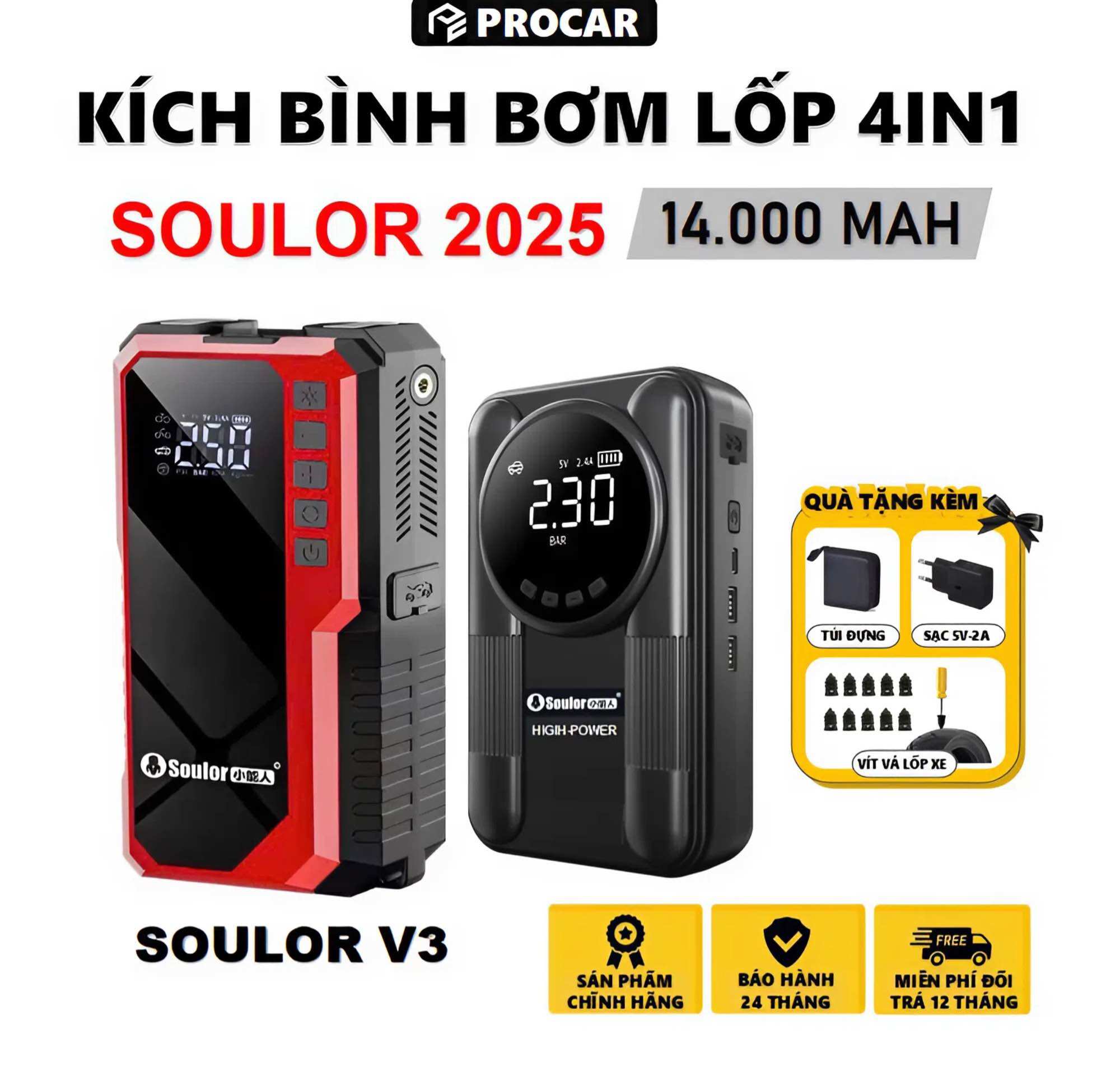 [Soulor 2025 V3 14000Mah] Car and Motorcycle Tire Inflator Set with Smart Clip, Backup Charger and Flashlight 24-Month Warranty Giá 1,490,000 Đồng*Miễn phí vận chuyển
