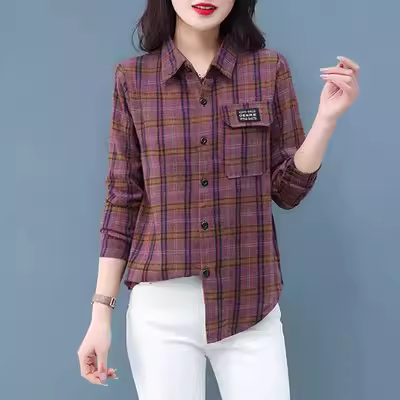 Áo Sơ Mi Cotton Dài Tay Cho Nữ Trung Niên Xuân Hè Mới Ngoài Trời Áo Khoác Mẹ Cỡ Lớn Kẻ Caro Dài Tay 