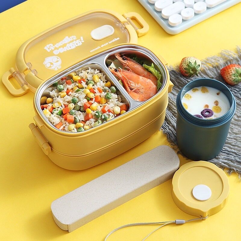 Hộp cơm giữ nhiệt inox 2 tầng tặng kèm cốc + túi giữ nhiệt + bộ thìa đũa
