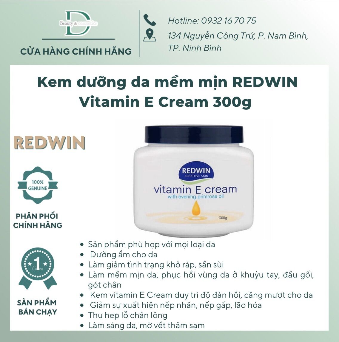 Kem dưỡng da mềm mịn redwin vitamin e cream 300g úc