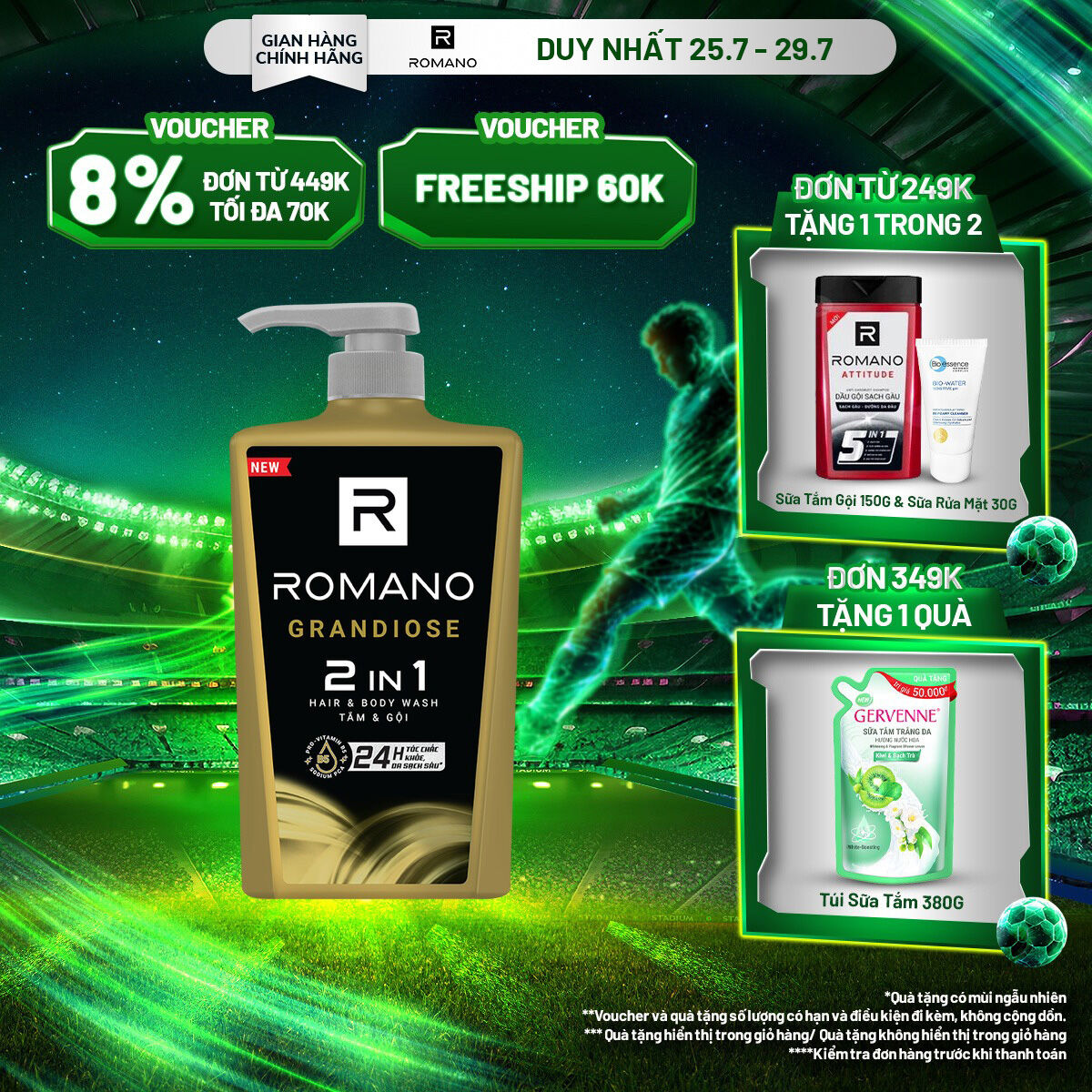 ROMANO TẮM  GỘI 2 TRONG 1 HƯƠNG NƯỚC HOA GRANDIOSE 650G