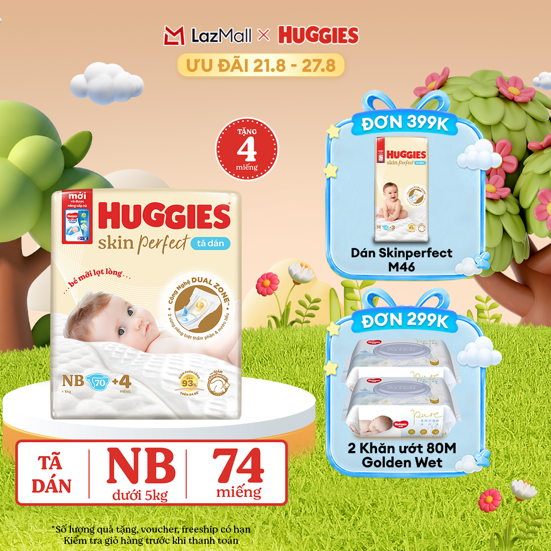 [17-24.08 QUÀ TẶNG ĐƠN 0Đ]  Tã/bỉm dán sơ sinh Huggies Skin Perfect NB70 với 2 vùng thấm giảm kích ứng da (tặng miếng thay đổi theo từng đợt)
