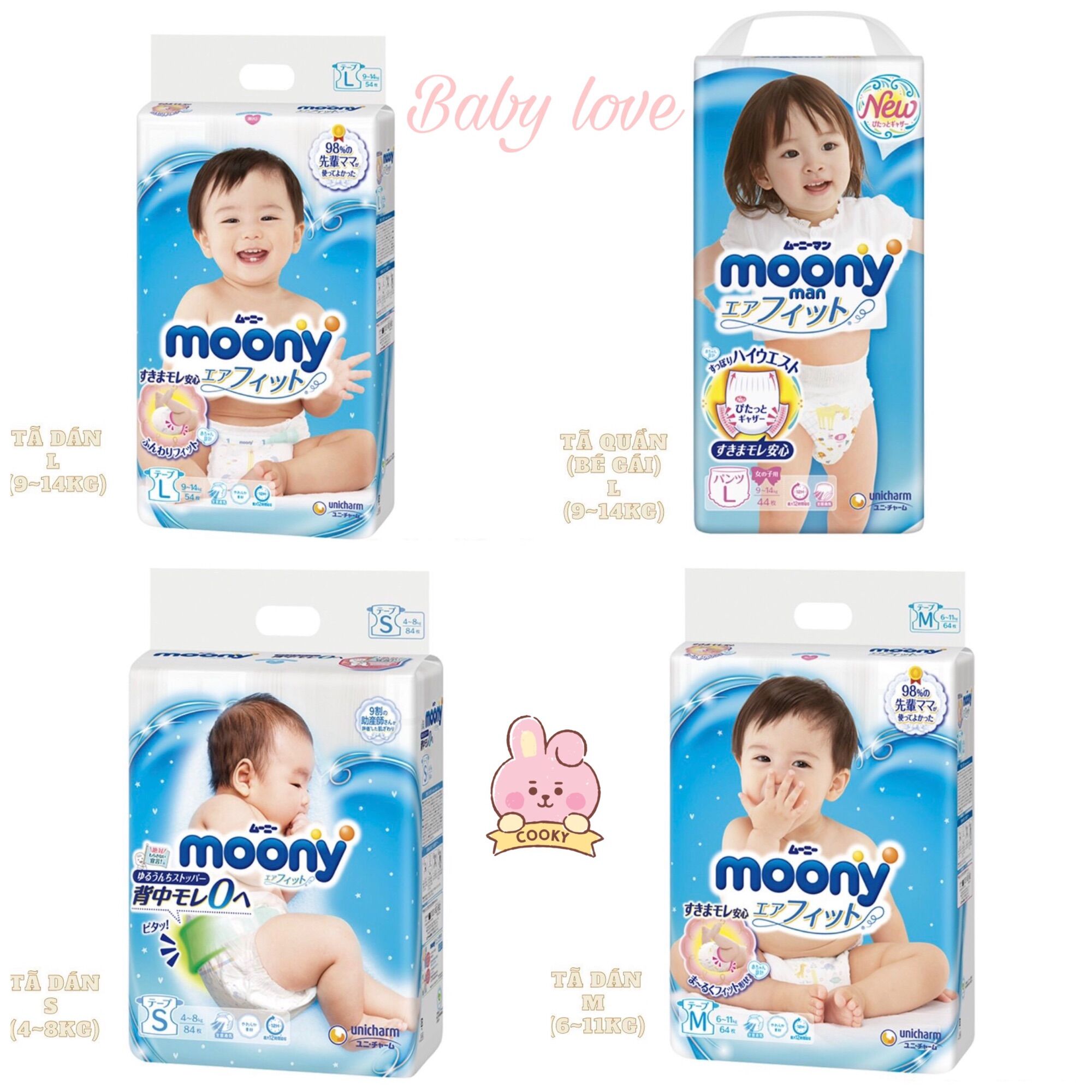 Tã bỉm MOONY XANH TIÊU CHUẨN NỘI ĐỊA NHẬT (NB90/S84/M64/M58/L54/L44/XL38)