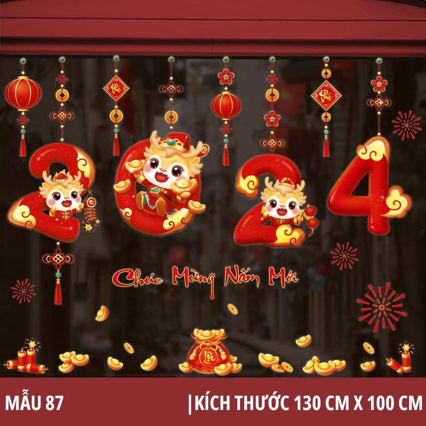 Decal tết 2024 giáp thìn dán tường dán kính